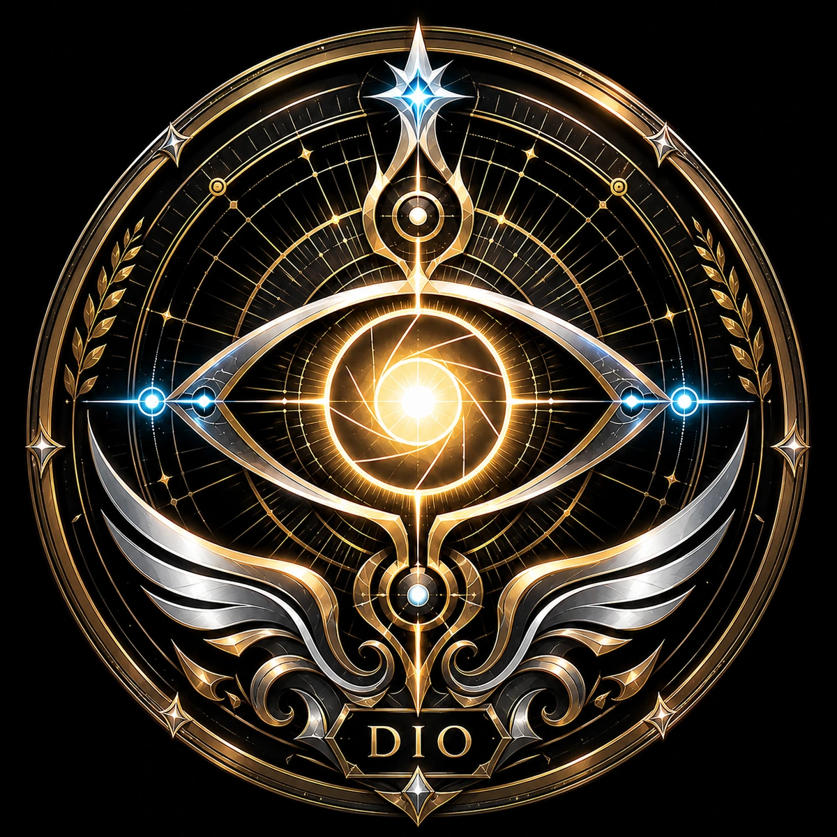 DIO sigil: a radiant eye within a gold and silver geometric seal