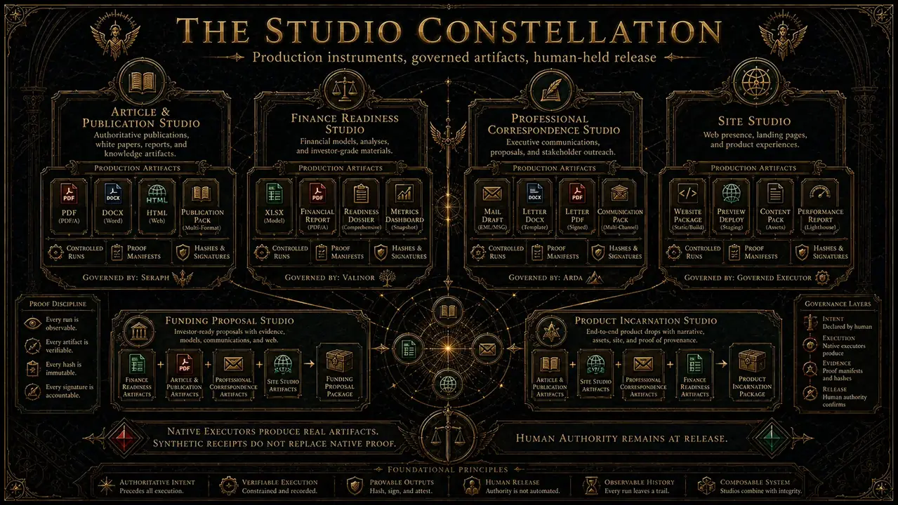 DIO Studio Constellation showing four production studios and artifact outputs